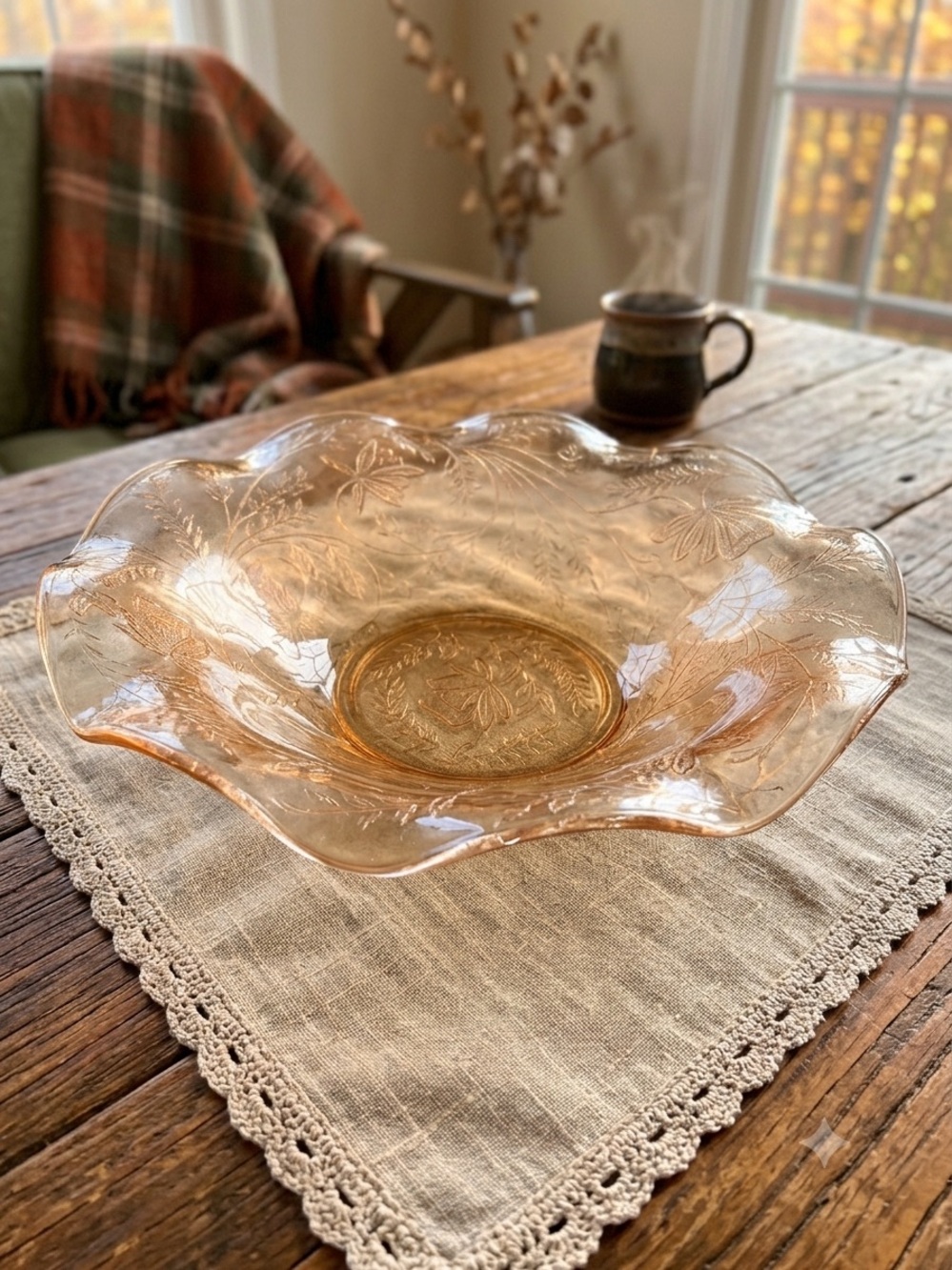 Vintage Jeannette Glass Floragold Carnival Glass Ruffled Bowl 9.5” Cottagecore